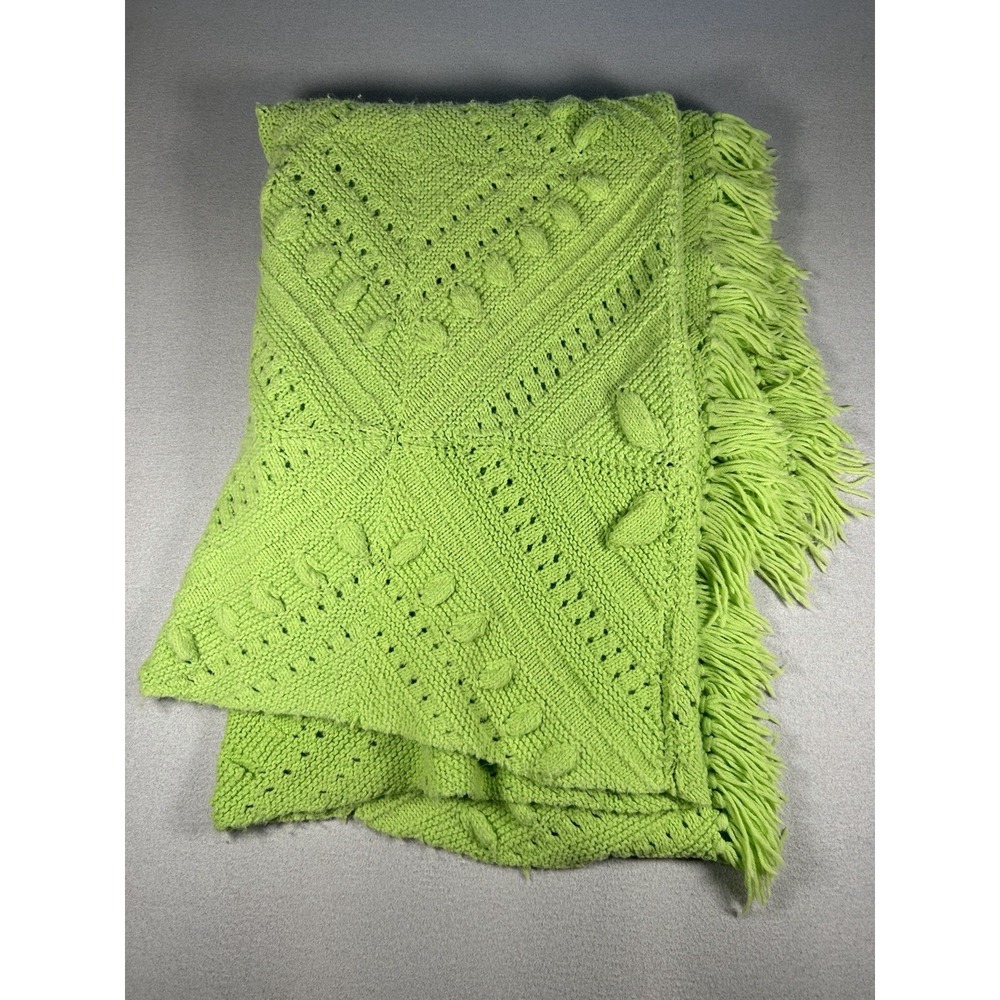 VTG Crochet Afghan Throw Blanket Bright Green Diamond Pattern Fringe 84"x55"